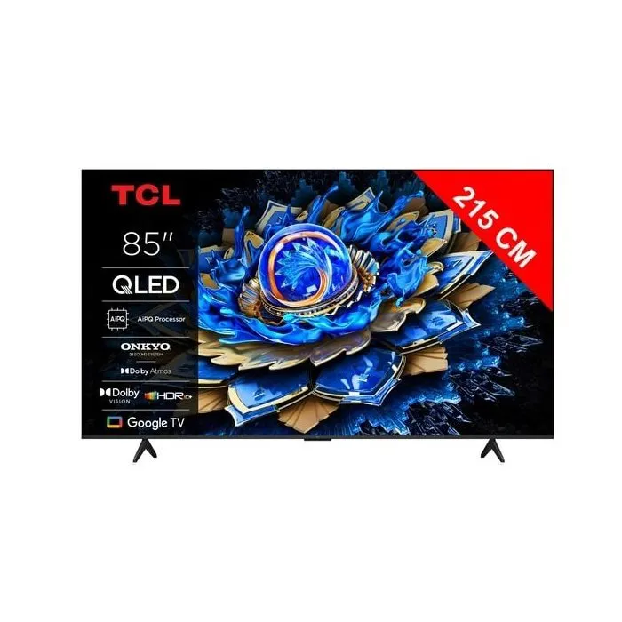 Téléviseur TCL 85 pouces QLED 215cm affichant un motif floral bleu et or, avec spécifications techniques visibles.