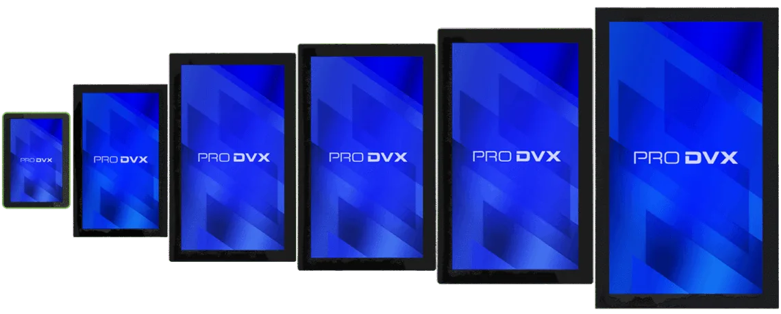 Série de six écrans tactiles professionnels ProDVX de tailles croissantes avec cadre noir et affichage bleu.