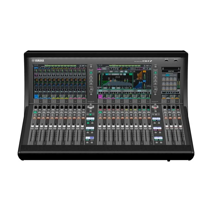 Console de mixage numérique Yamaha DHM7 avec écran tactile, faders et commandes de contrôle professionnel pour applications audiovisuelles.