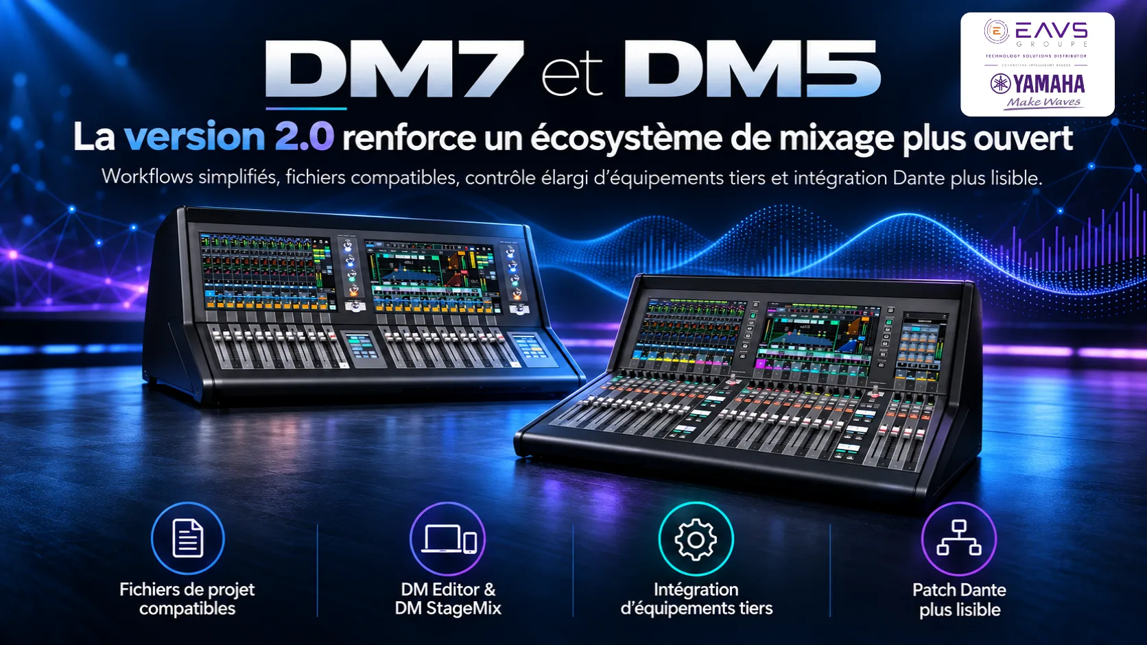 Deux consoles de mixage audio Yamaha DM7 et DM5 version 2.0 sur fond bleu avec visualiseurs sonores et logos EAVS.