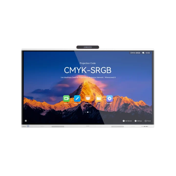 Écran interactif affichant un code de projection CMYK-SRGB avec applications Google et une montagne enneigée en arrière-plan.
