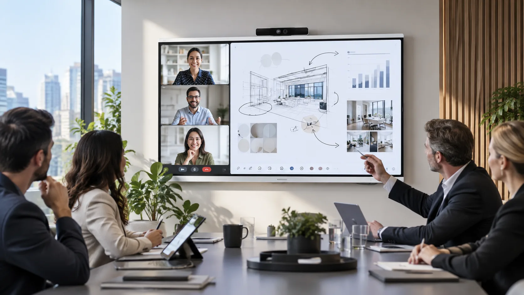 Réunion de travail en visioconférence avec quatre collaborateurs autour d'un grand écran affichant des plans architecturaux et trois participants distants.