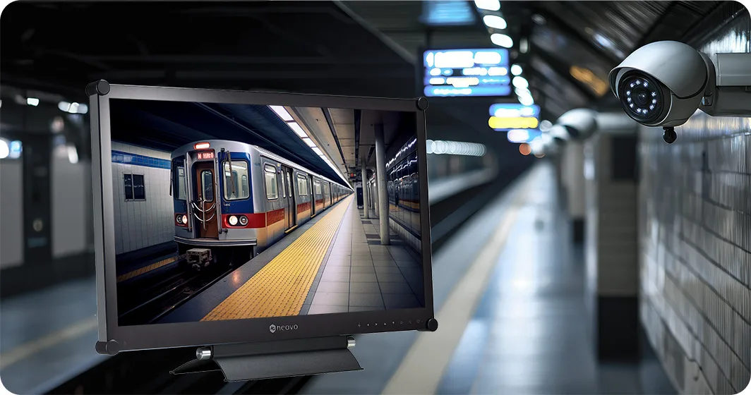 Moniteur professionnel Neovo affichant une vue de quai de métro avec train, dans un environnement de station avec caméra de surveillance.