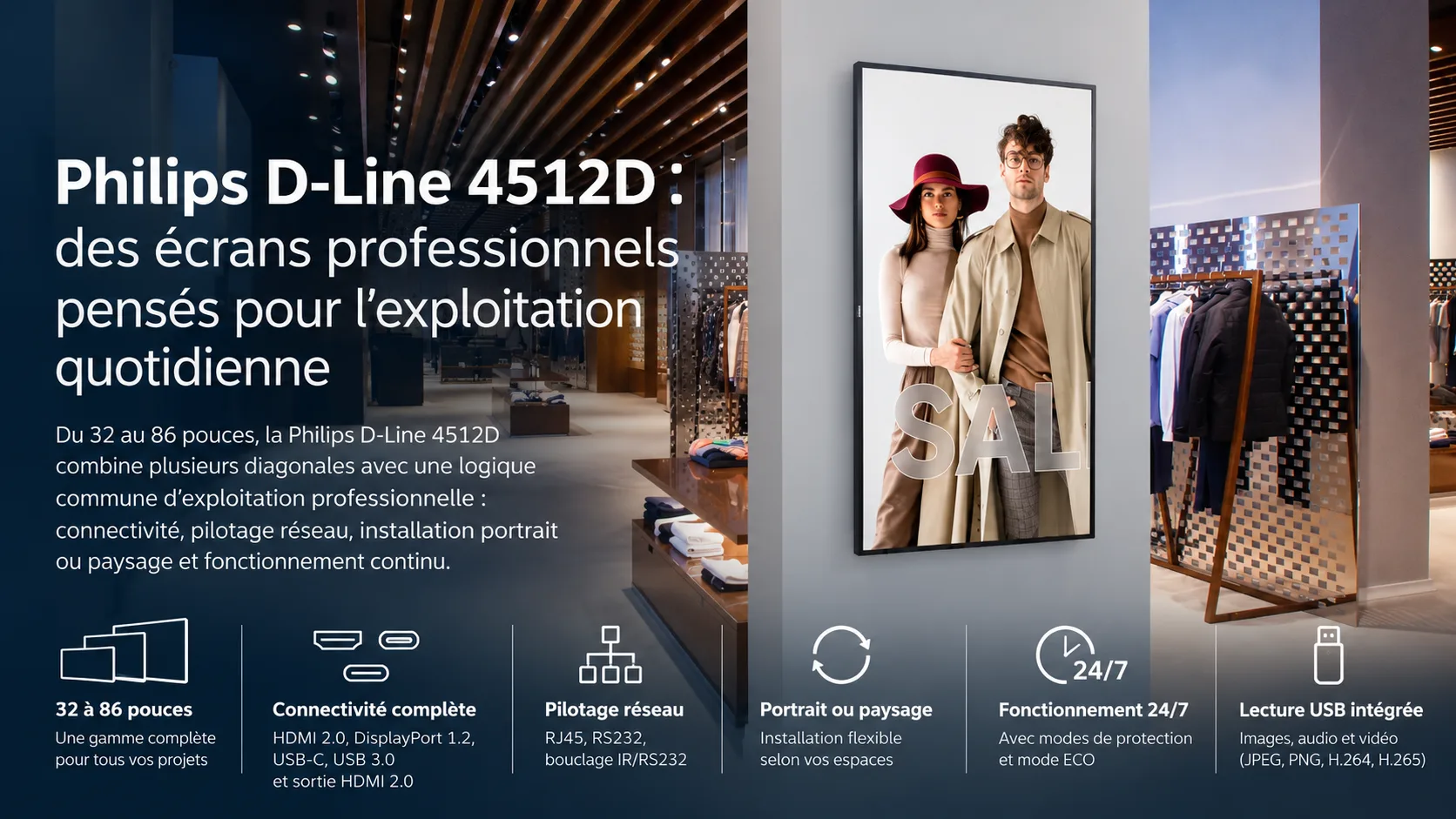 Présentation des écrans Philips D-Line 4512D dans un showroom retail avec affichage numérique et spécifications techniques.