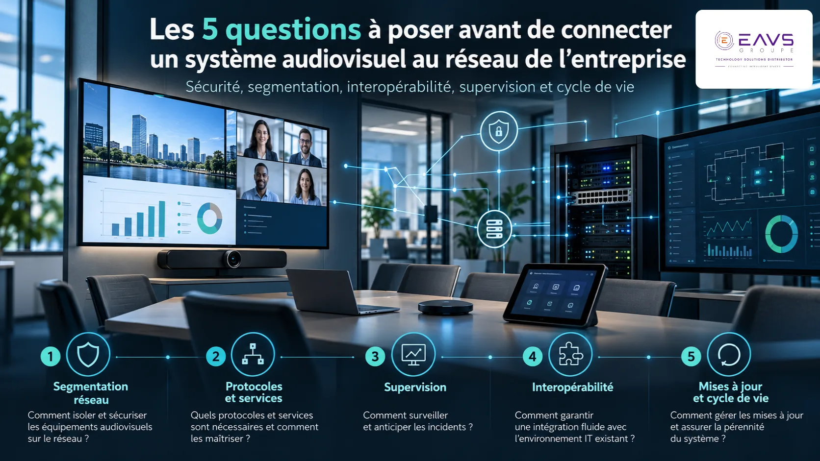 Infographie présentant cinq questions clés pour intégrer un système audiovisuel en réseau d'entreprise, illustrée par une salle de réunion moderne avec écrans et équipements IT.