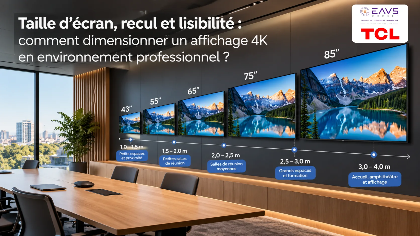 Salle de réunion avec écrans 4K TCL de différentes tailles (43" à 85") affichant un paysage montagneux, accompagnés de distances de recul recommandées.