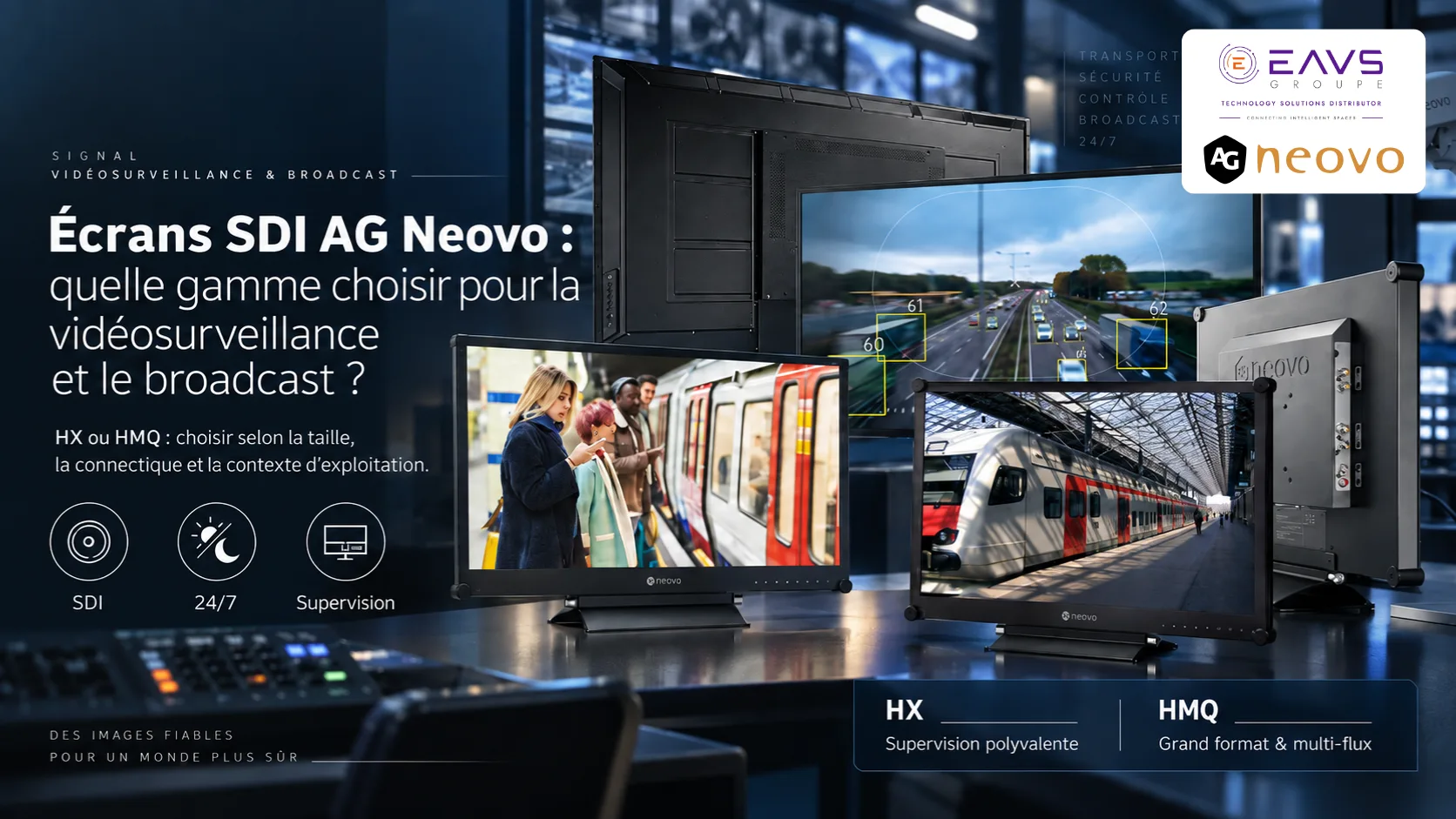 Écrans de surveillance SDI AG Neovo affichant des flux vidéo de transport et de surveillance, avec équipement de contrôle en arrière-plan.
