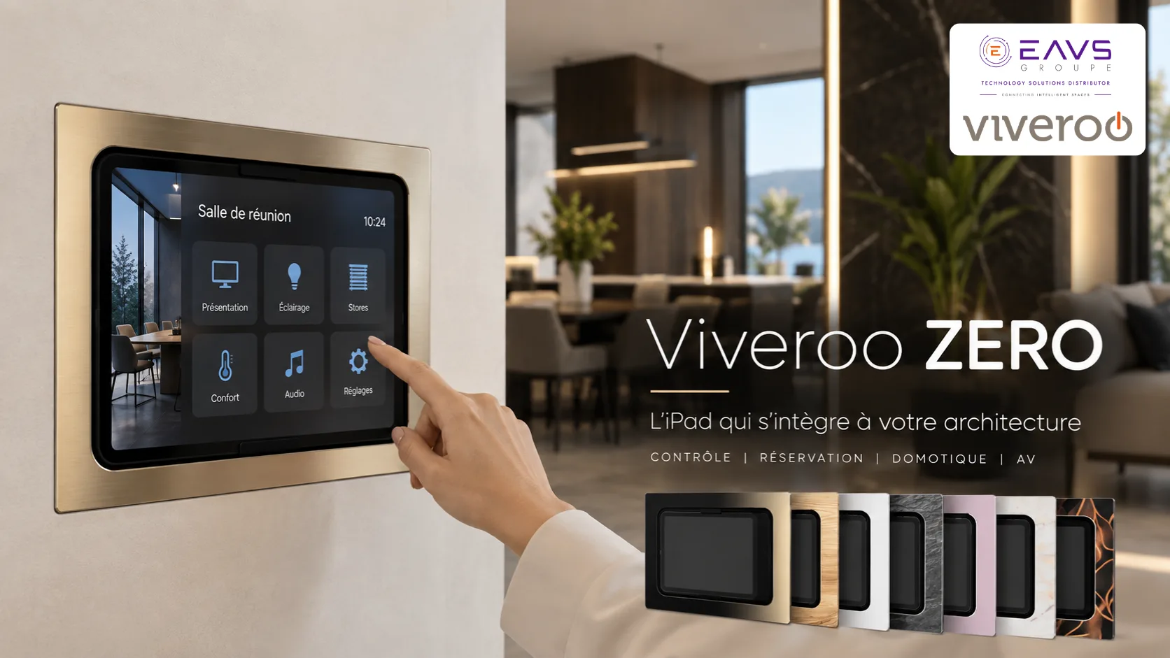 Écran tactile mural Viveroroo ZERO affichant une interface de contrôle domotique avec options de présentation, éclairage et stores.