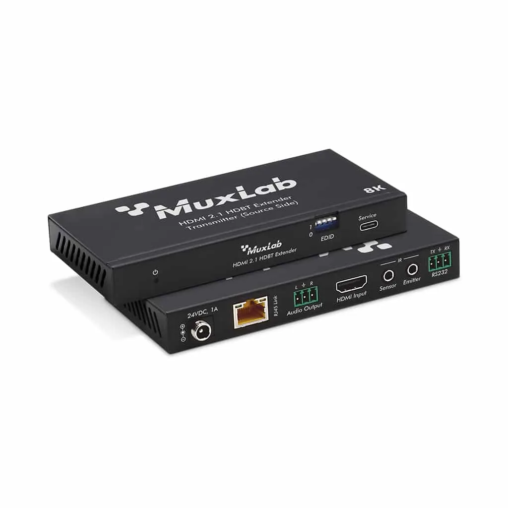 Extenseur HDMI 2.1 Muxlab avec connecteurs HDMI, Ethernet, audio et alimentation 24VDC sur fond blanc.