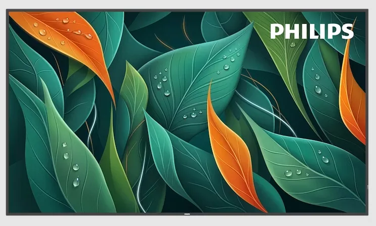 Écran Philips affichant un motif graphique de feuilles vertes et orange avec gouttes d'eau sur fond sombre.