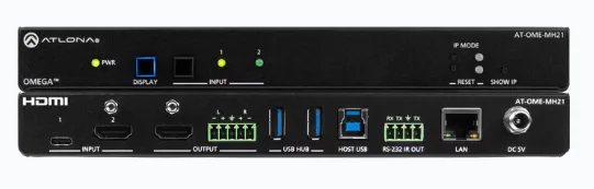 Façade avant et arrière d'un commutateur matrice HDMI professionnel Atlona avec connectiques et contrôles.