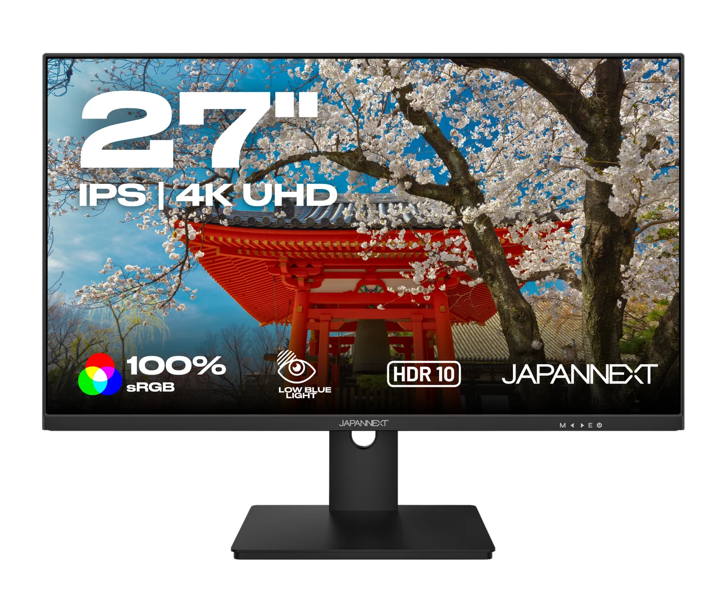 Moniteur 27 pouces JAPANNEXT 4K UHD sur pied, affichant un temple japonais rouge entouré de fleurs de cerisier.
