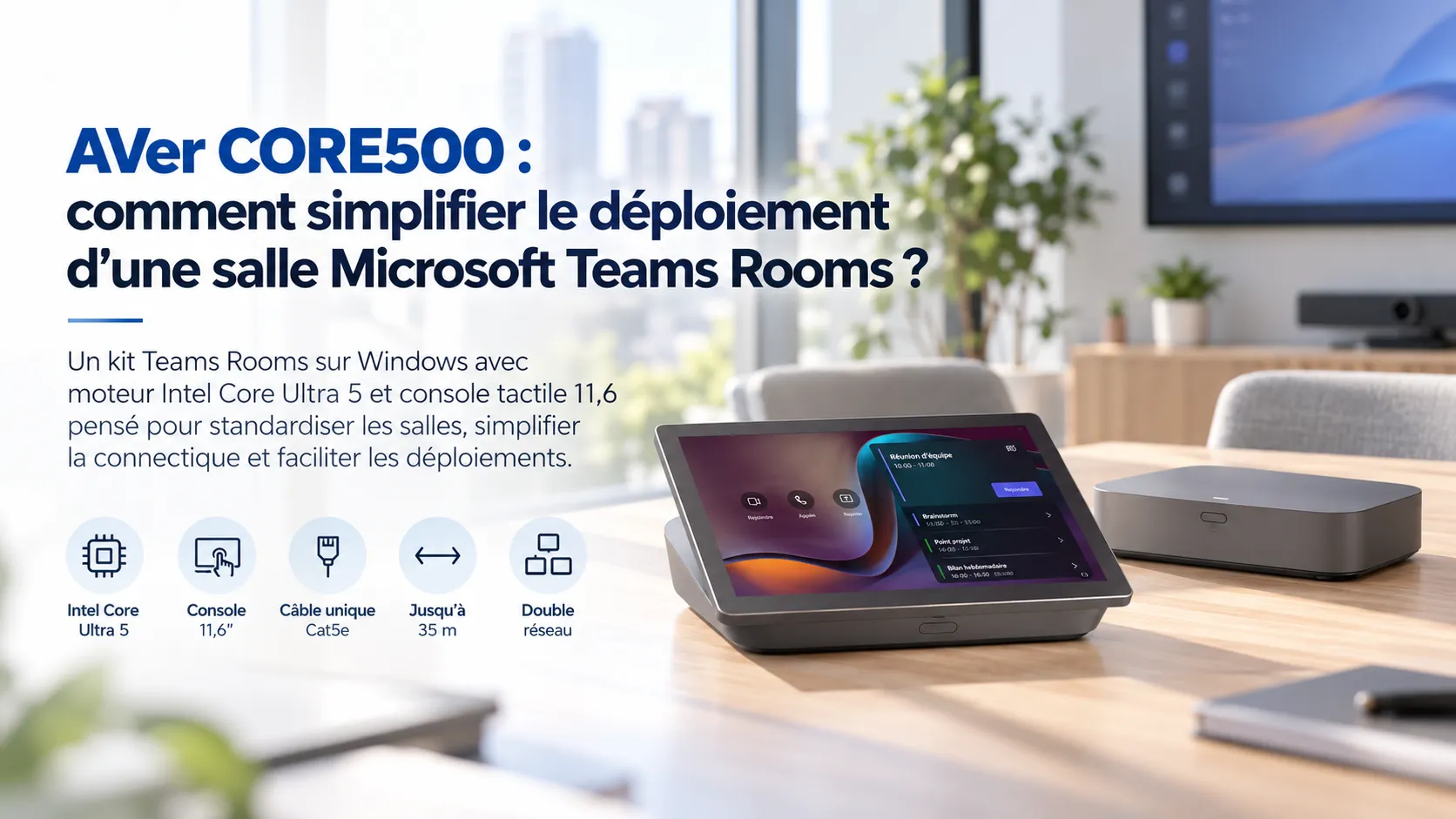 Tablette tactile affichant Microsoft Teams Rooms posée sur un bureau avec accessoires informatiques dans un bureau moderne.