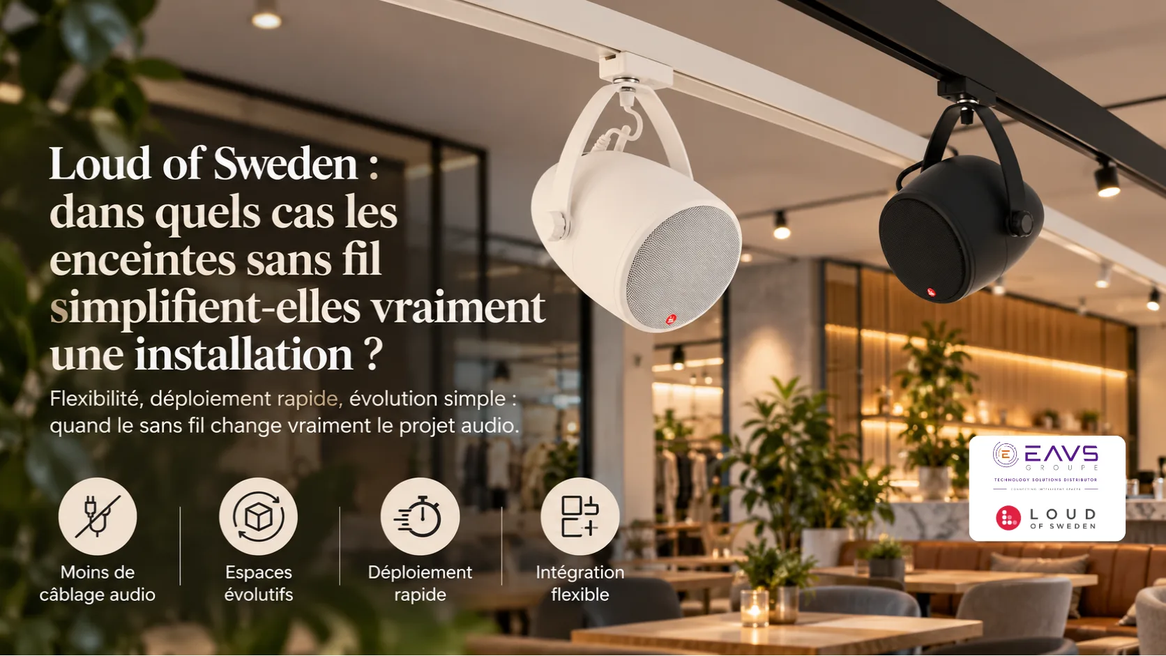 Deux enceintes sans fil suspendues à un rail de plafond dans un espace intérieur moderne avec plantes décoratives.