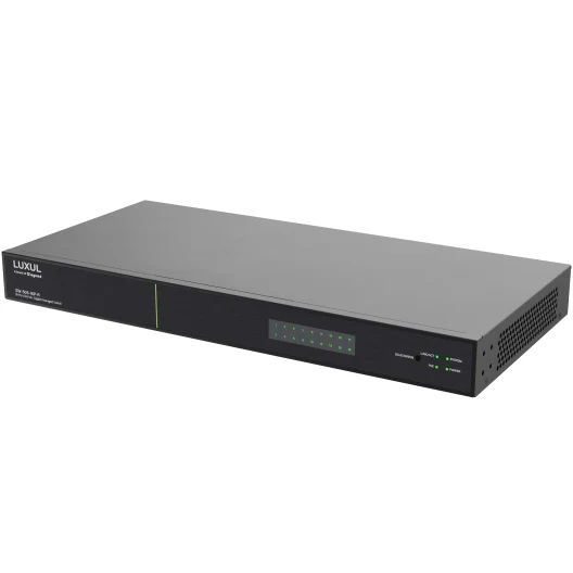 Commutateur réseau professionnel noir Luxul avec façade grise, ports de connexion et indicateurs LED, vue de trois quarts.