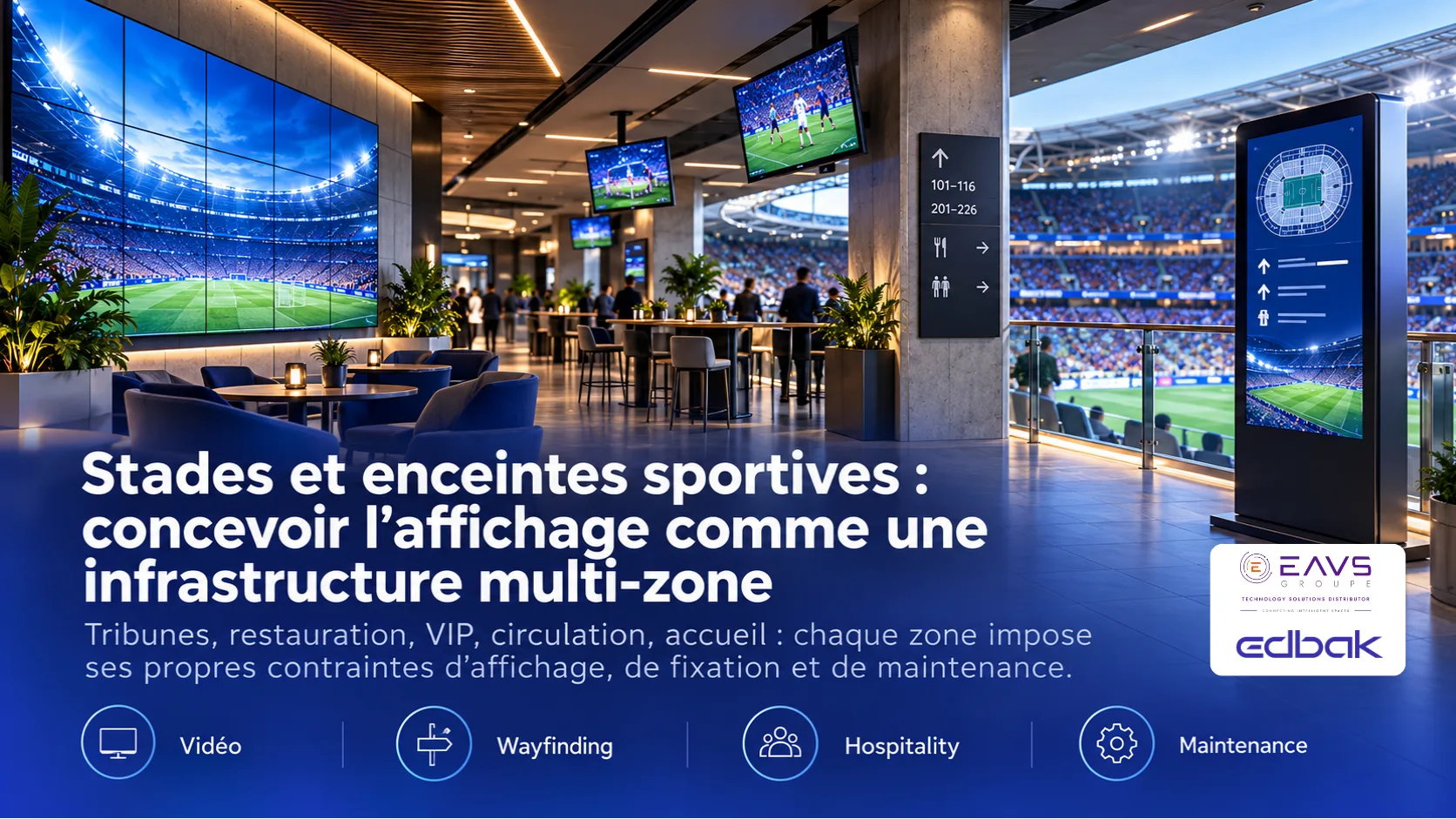 Espace de lounge moderne dans un stade avec écrans vidéo géants affichant un match de football et signalétique numérique.