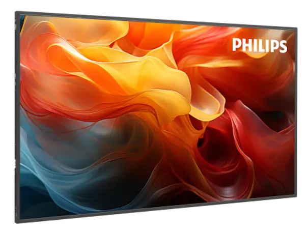 Écran plat Philips affichant des formes fluides abstraites en dégradés de couleurs chaudes oranges et rouges avec touches de bleu.